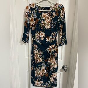 Connected Apparel Tan and Brown Sheath Dress with Bell Sleeves